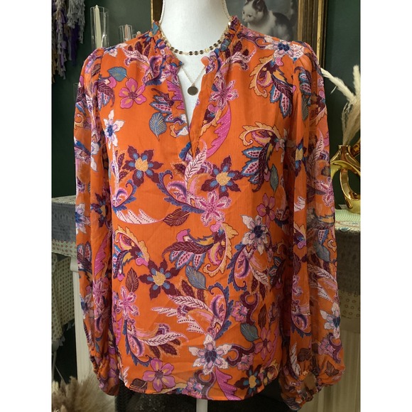 Jessica Simpson Tops - Jessica‎ Simpson Sheer Paisley Floral Chiffon Ruffle Neck Blouse Small Womens